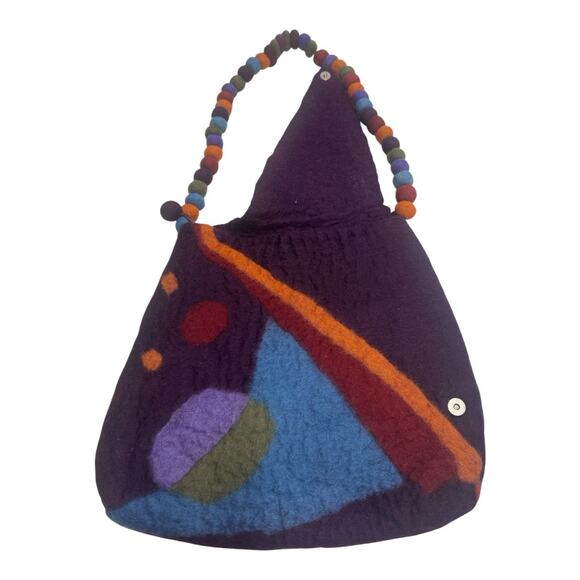 RISING TIDE Purple Hand Stitch Round Wool Felt Ball Bag Boho Artsy Hippie Nepal - Picture 4 of 14